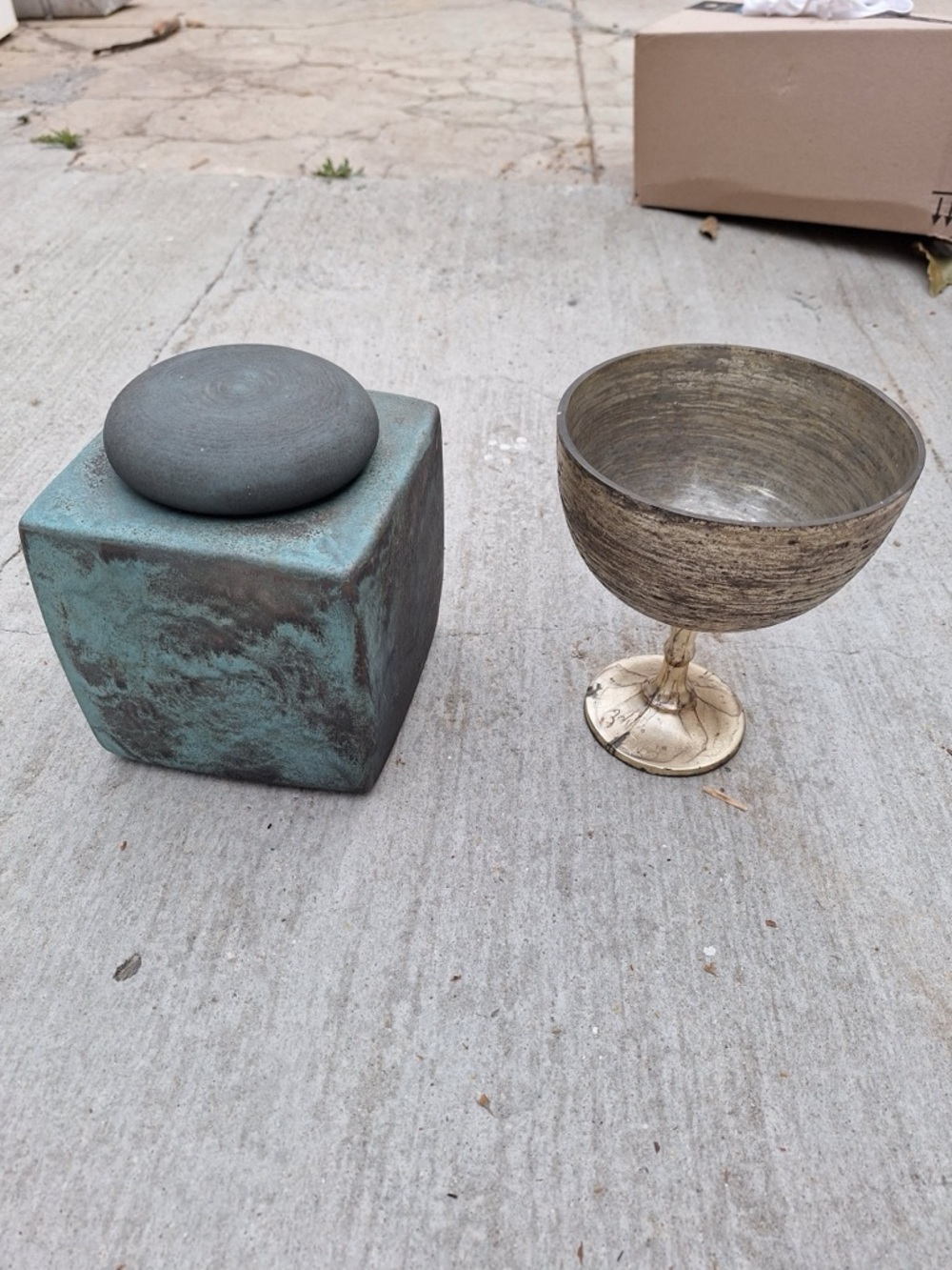 Decorative Verdigris Cube Jar with Stone Lid & Metallic Goblet (home decor)